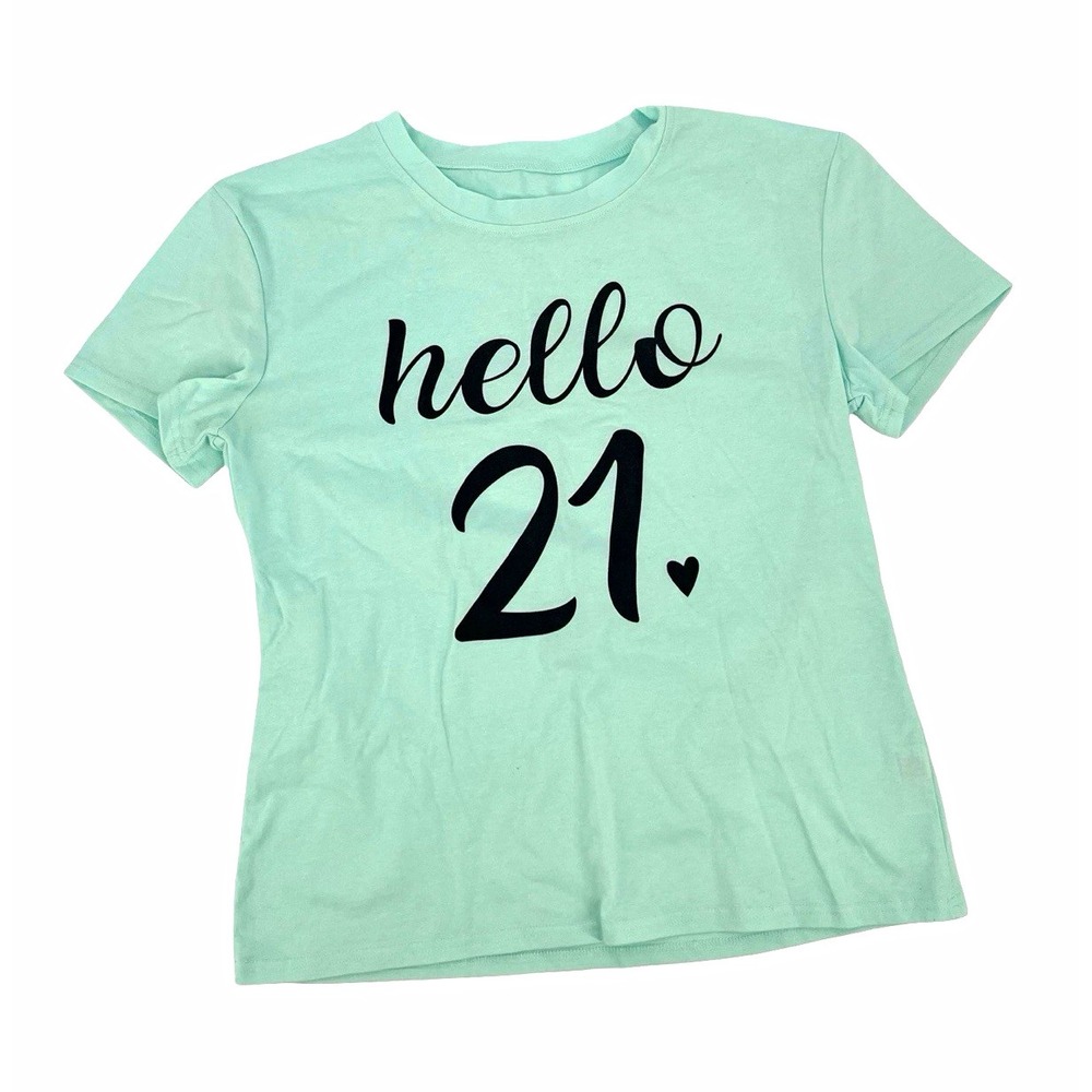 Women's M Mint Green "Hello 21" Graphic Print T-Shirt Short Sleeve Crew Neck